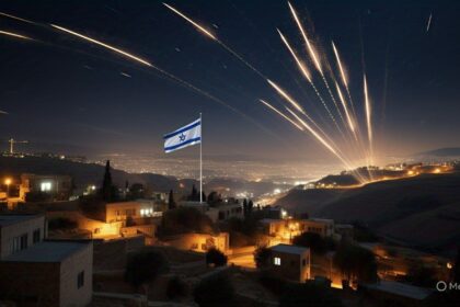 Iran Launches Two Overnight Missile Attacks on Israel with visible missile trails over a peaceful hillside town. Israeli air defenses intercept incoming threats.